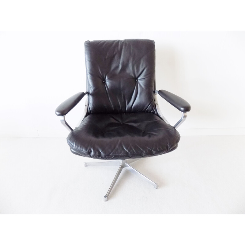 Vintage black leather Strässle Gentilina  armchair by Andre Vandenbeuck