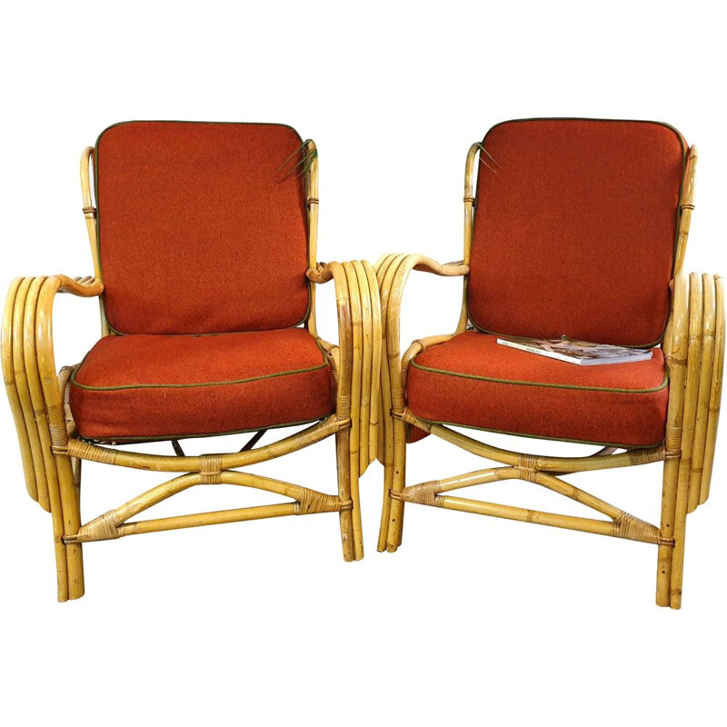 Pair of Vintage Cane red armchairs 1950