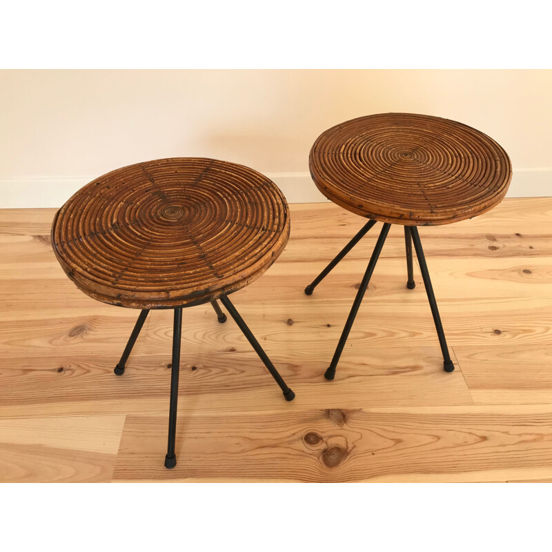 Pair of vintage rattan and metal stools, 1950s