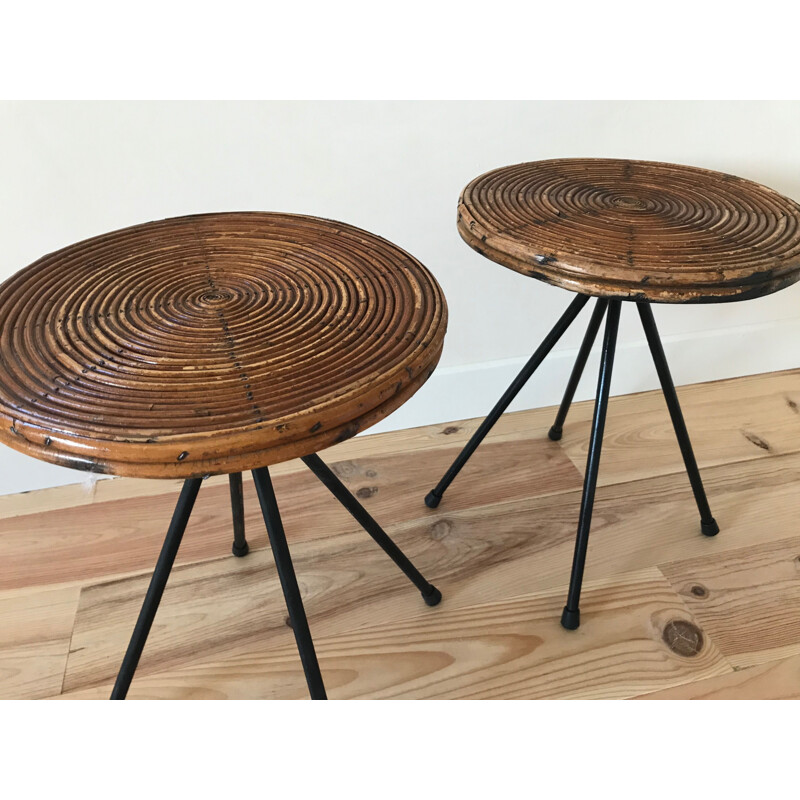 Pair of vintage rattan and metal stools, 1950s