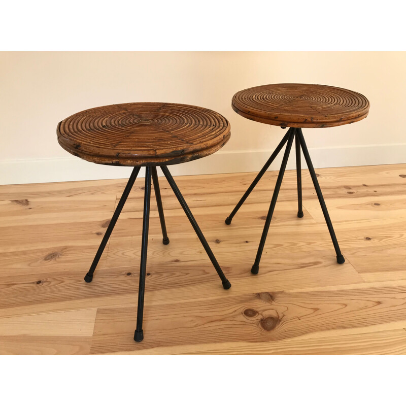 Pair of vintage rattan and metal stools, 1950s