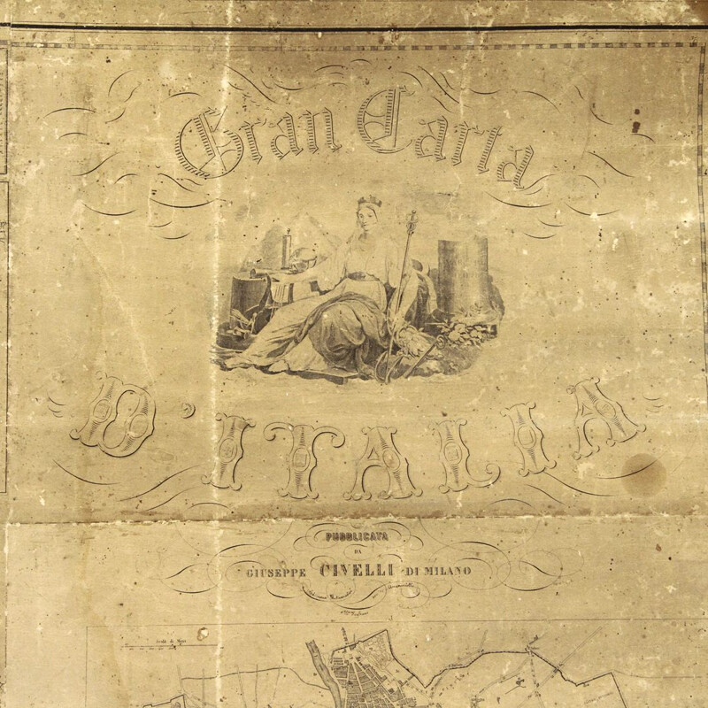 Gravure vintage de la "Gran Carta d'Italia" du Stabilimento Giuseppe Civelli