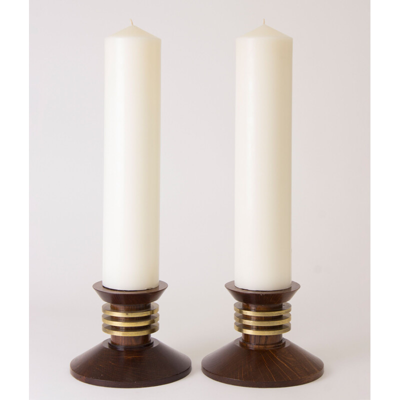 Pair of vintage oak and brass candlesticks by Louis Proudhon, France 1930