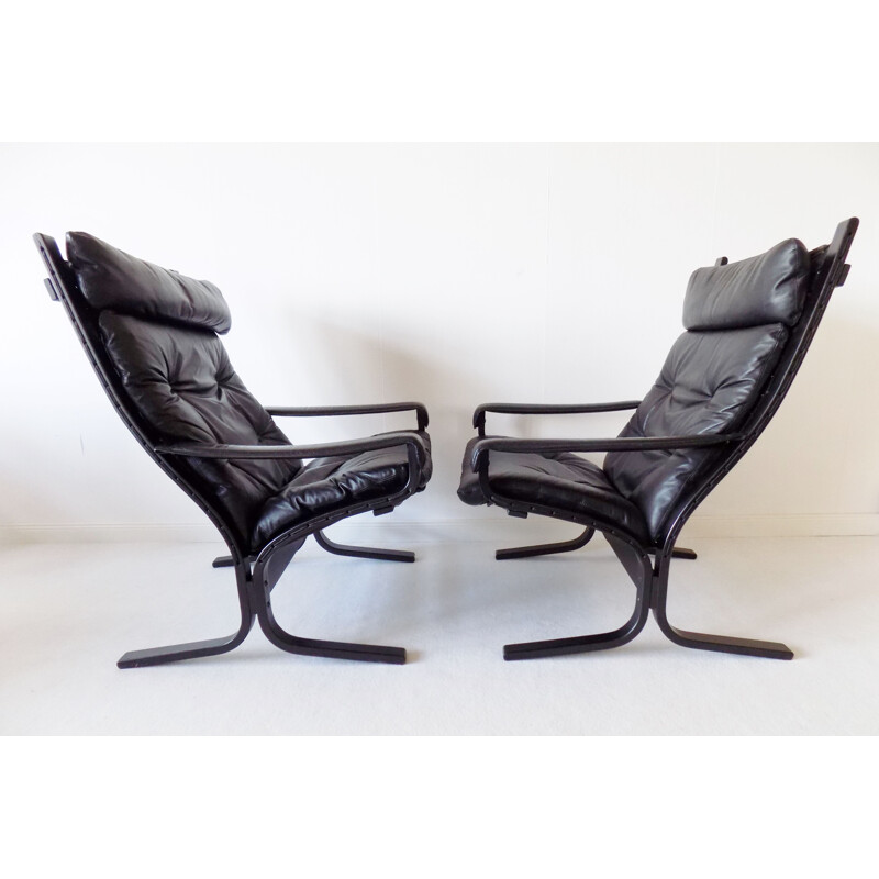 Pair de deux fauteuils en cuir noir Westnofa Siesta vintage d'Ingmar Relling