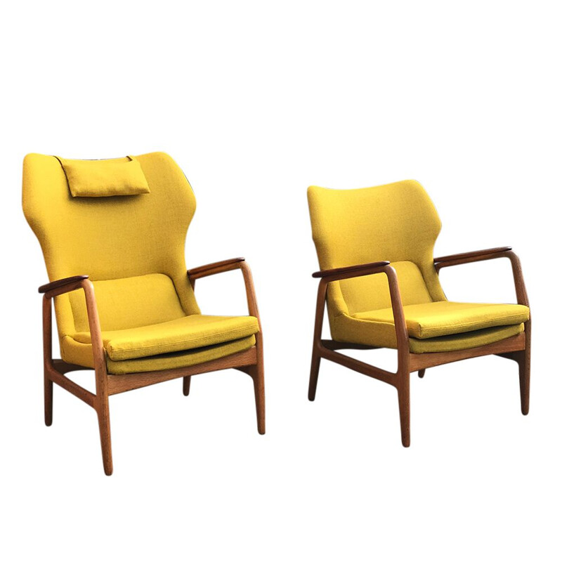 Set of 3 vintage Karen easy chair by Aksel Bender Madsen for Bovenkamp, 1950s, with matching Haslev coffee table
