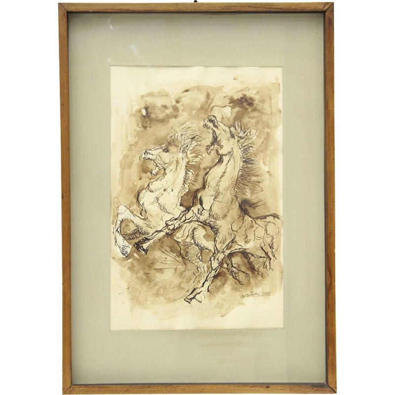 Vintage "Cavalli" Watercolor painting by Giorgio Mariani, 1965s