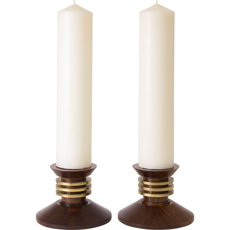 Pair of vintage oak and brass candlesticks by Louis Proudhon, France 1930