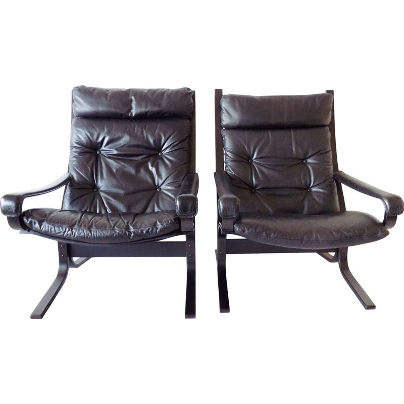 Vintage Westnofa Siesta set of 2 black leather armchairs by Ingmar Relling