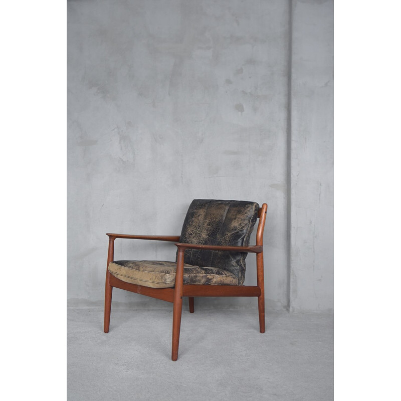 Vintage leather and teak chair Model 218 by Grete Jalk for Glostrup, 1950s