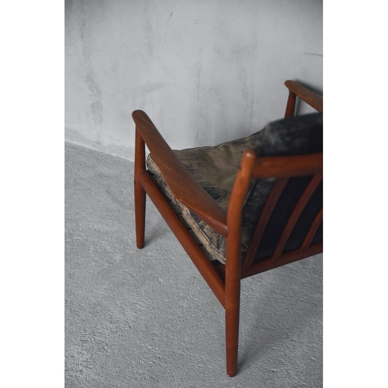 Vintage leather and teak chair Model 218 by Grete Jalk for Glostrup, 1950s