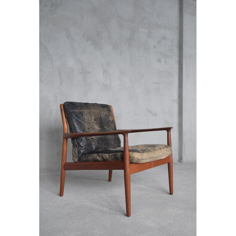 Vintage leather and teak chair Model 218 by Grete Jalk for Glostrup, 1950s