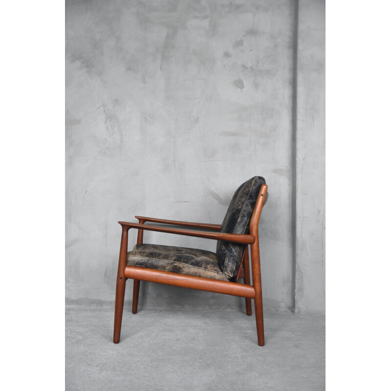 Vintage leather and teak chair Model 218 by Grete Jalk for Glostrup, 1950s