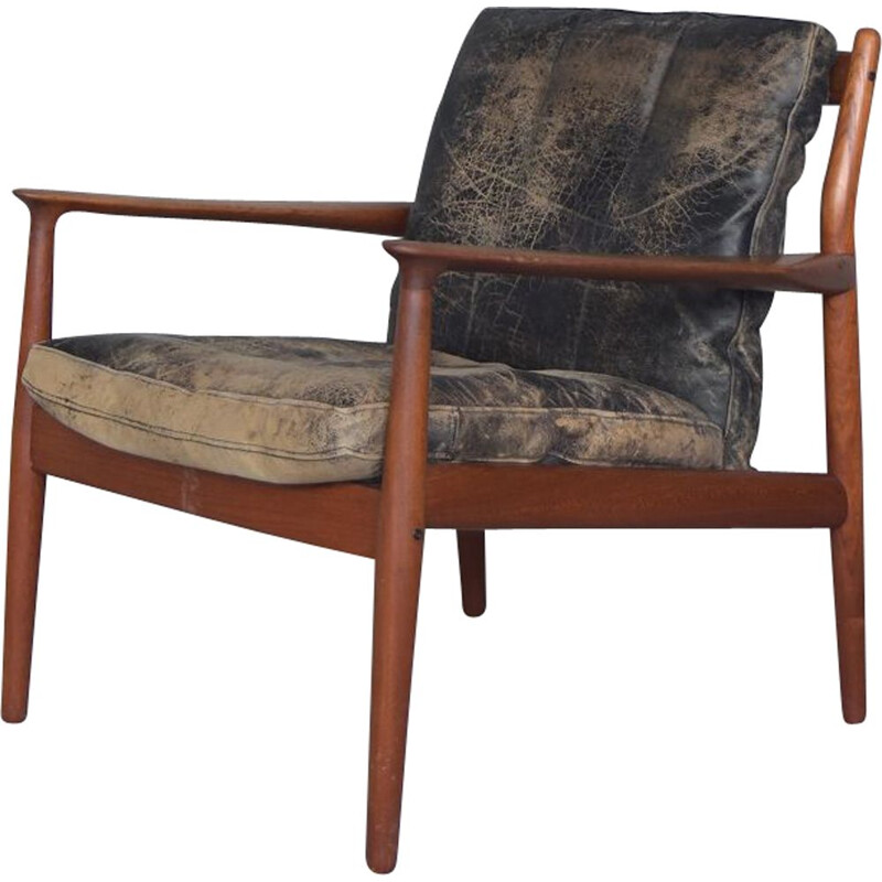 Vintage leather and teak chair Model 218 by Grete Jalk for Glostrup, 1950s