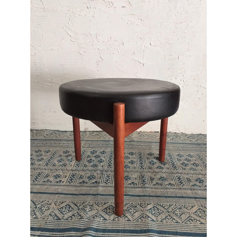 Vintage scandinavian stool in teak and skai, 1960s