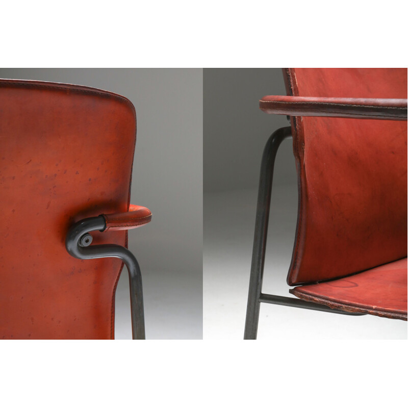 Vintage set of 10 armchairs model "Lalanda" in dark cognac leather by Gianfranco Frattini 