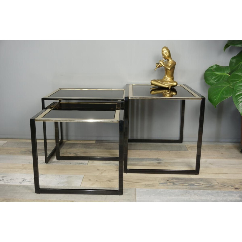 Set de tables gigognes vintage doré et métal laqué noir design italien