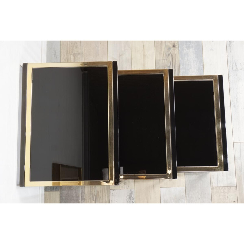 Set de tables gigognes vintage doré et métal laqué noir design italien