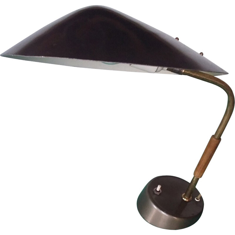 Lampe de bureau allemande en laiton avec détail en teck - 1950