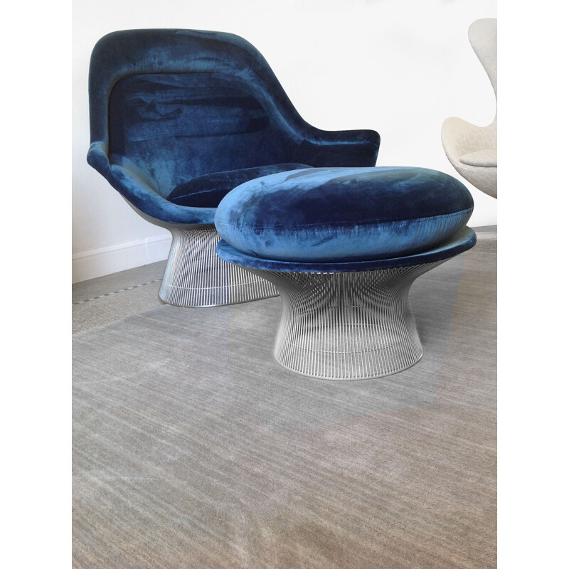 Warren Platner vintage blauw fluwelen fauteuil