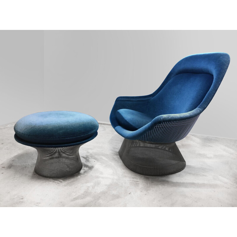 Warren Platner vintage blauw fluwelen fauteuil