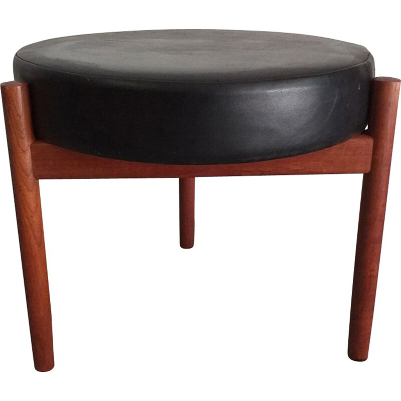 Tabouret vintage scandinave en teck et skaï, 1960