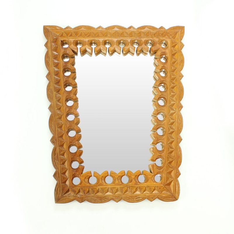 Vintage wall mirror with wooden frame, Czechoslovakia 1950