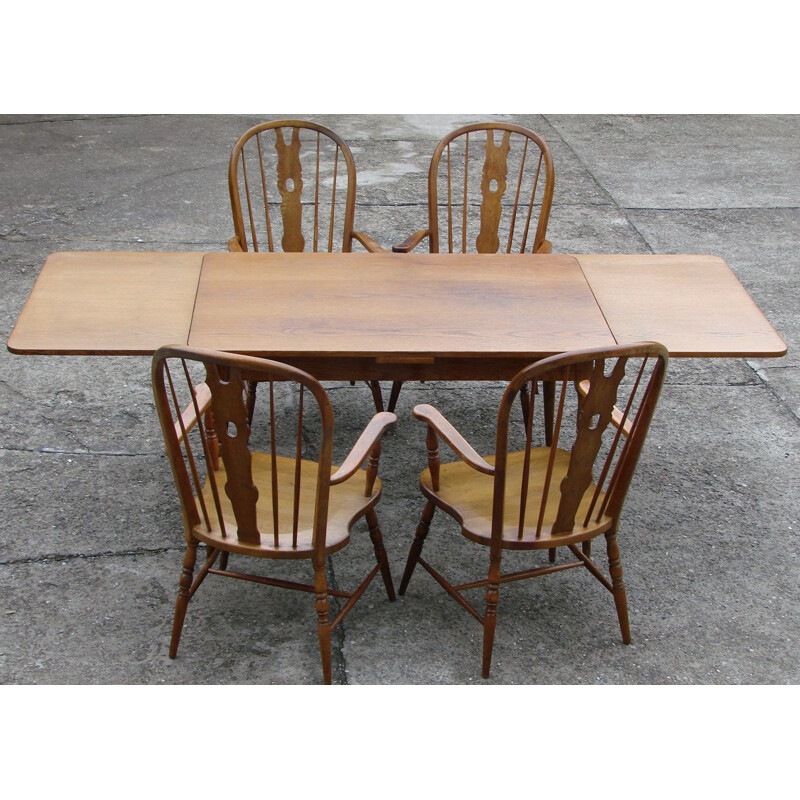 Ensemble à repas vintage avec une table et quatre chaises Windsor, 1970