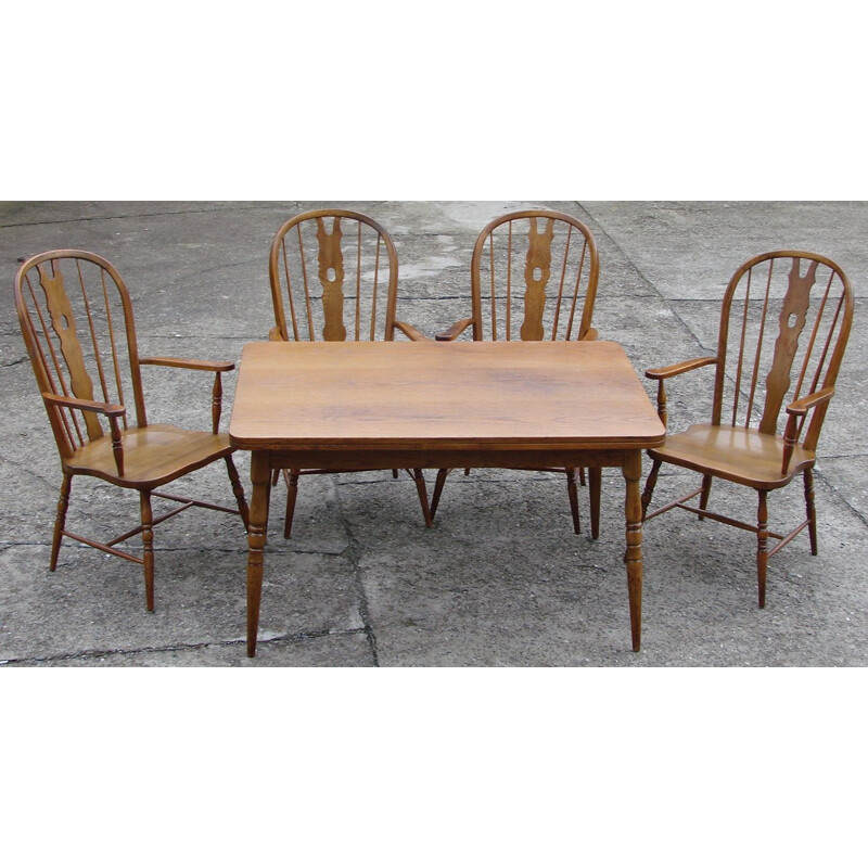 Ensemble à repas vintage avec une table et quatre chaises Windsor, 1970