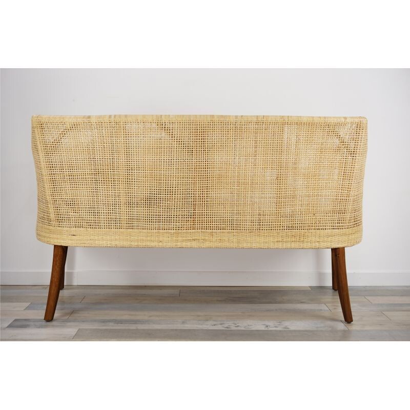 Vintage 2-seater sofa in wood and rattan