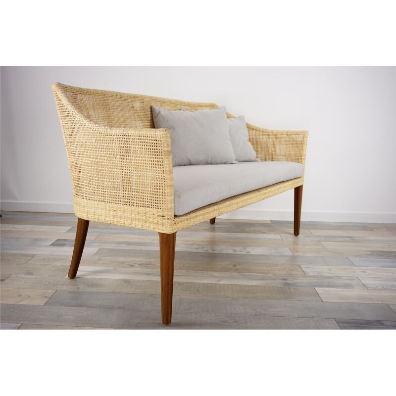 Vintage 2-seater sofa in wood and rattan