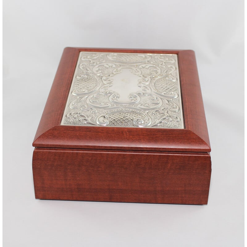 Caixa de chá de madeira Vintage com tampa de prata esterlina de Hazorfim