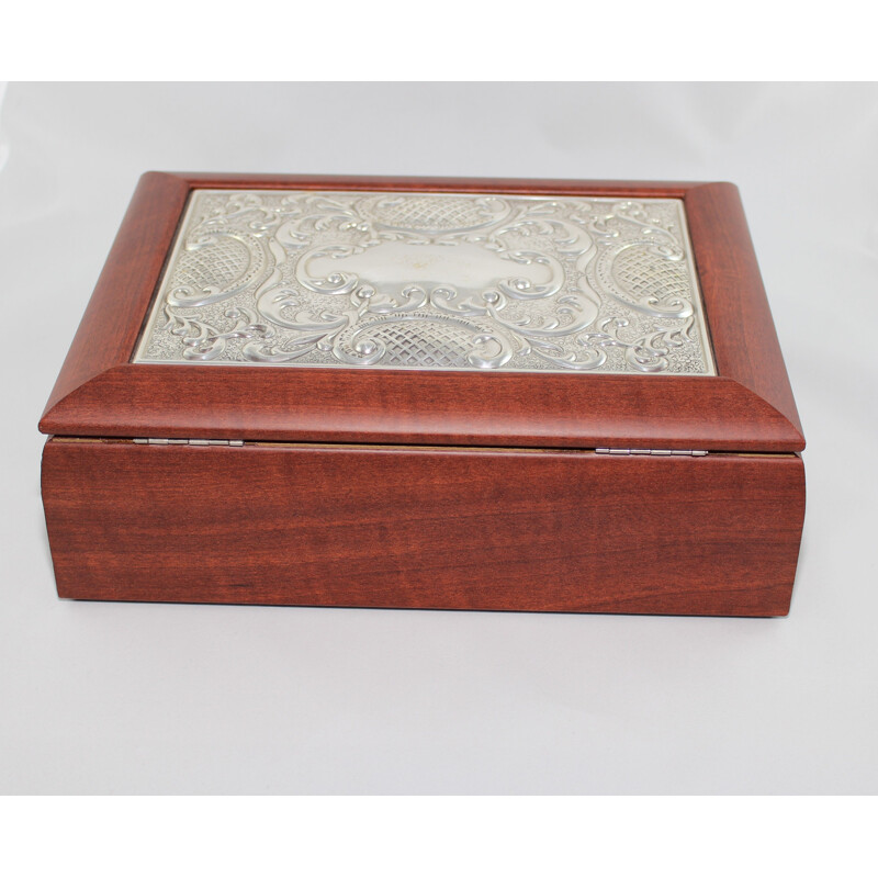 Caja de té vintage de madera con tapa de plata de ley de Hazorfim