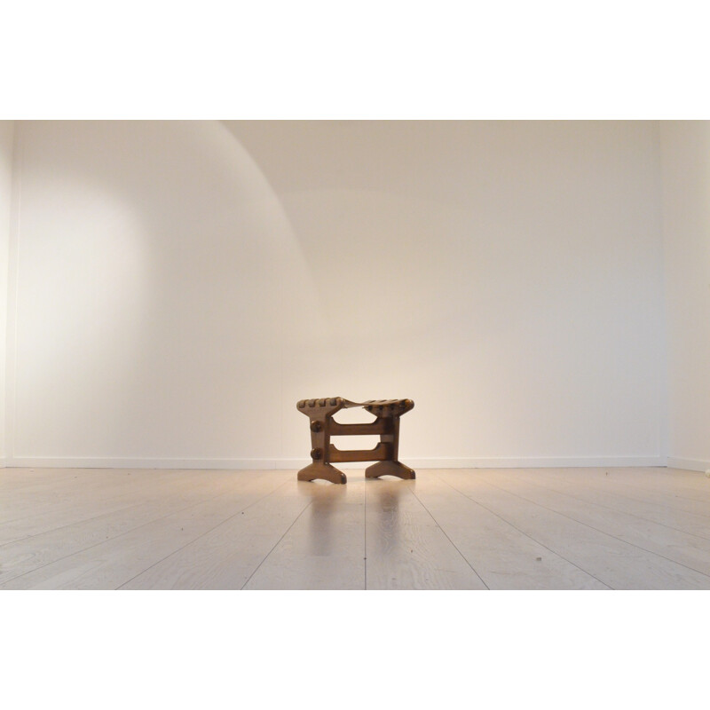 Stool in solid teak and leather with incan patterns, Angel PAZMINO - 1960s