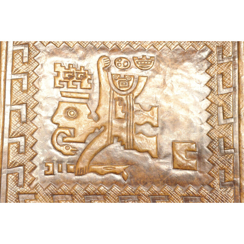 Tabouret en teck massif et cuir avec motifs incas, Angel PAZMINO - 1960