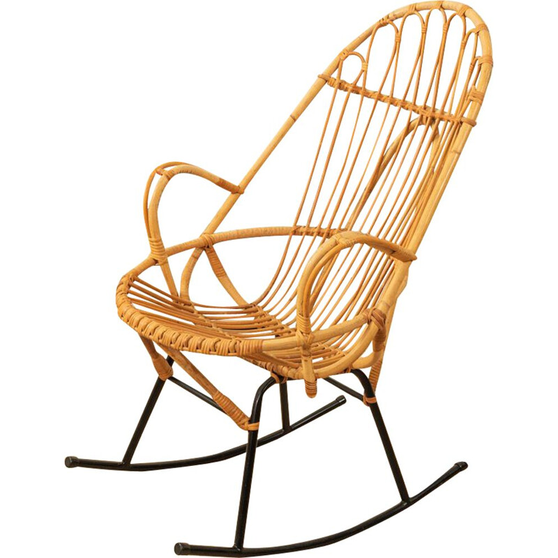 Vintage bamboo and metal rocking chair, 1950s