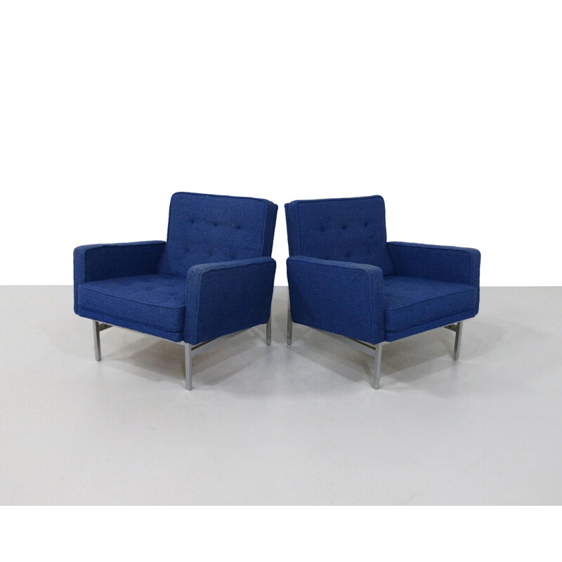 Paar vintage blauwe fauteuils met wollen bekleding van Florence Knoll, 1950