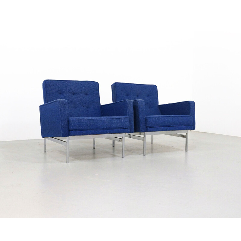 Paar vintage blauwe fauteuils met wollen bekleding van Florence Knoll, 1950