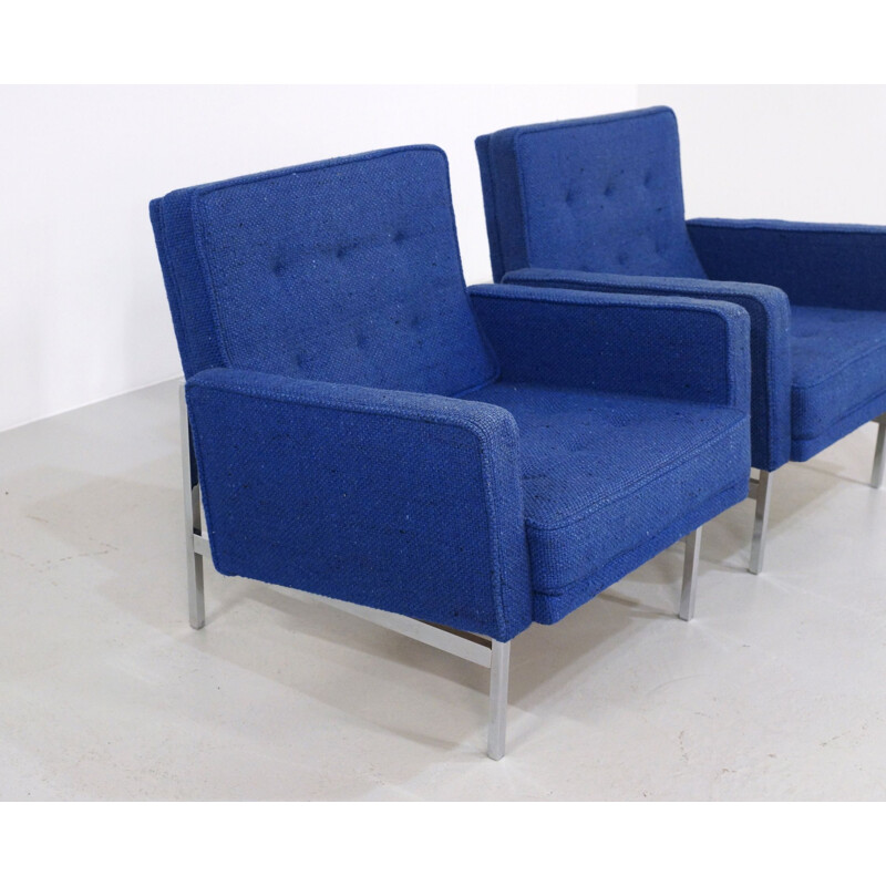 Paar vintage blauwe fauteuils met wollen bekleding van Florence Knoll, 1950