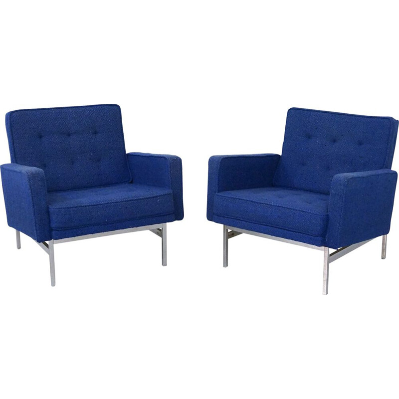 Pair of vintage blue armchairs with wool upholstery by Florence Knoll, 1950