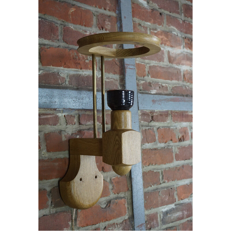 Vintage oak and ceramic wall light by Guillerme and Chambron