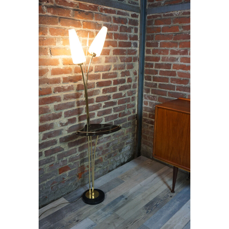 Vintage brass and white opaline floor lamp by Maison Lunel, 1950s