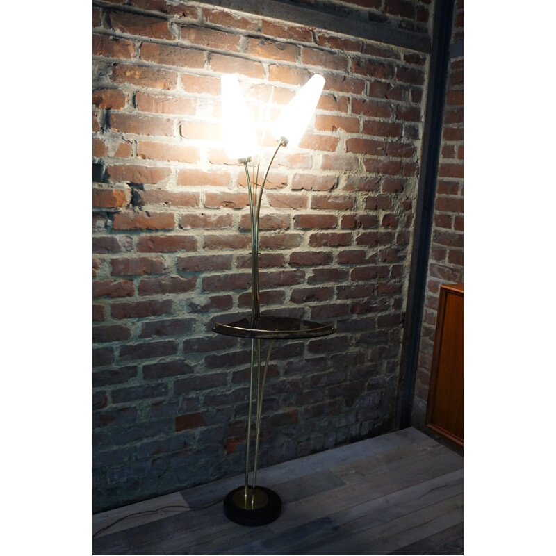 Vintage brass and white opaline floor lamp by Maison Lunel, 1950s