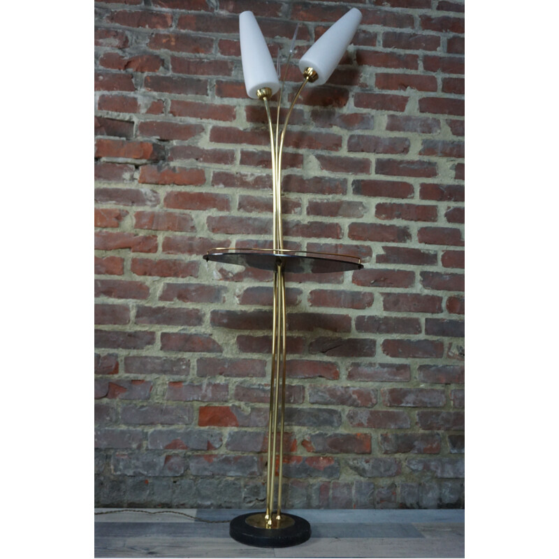 Vintage brass and white opaline floor lamp by Maison Lunel, 1950s