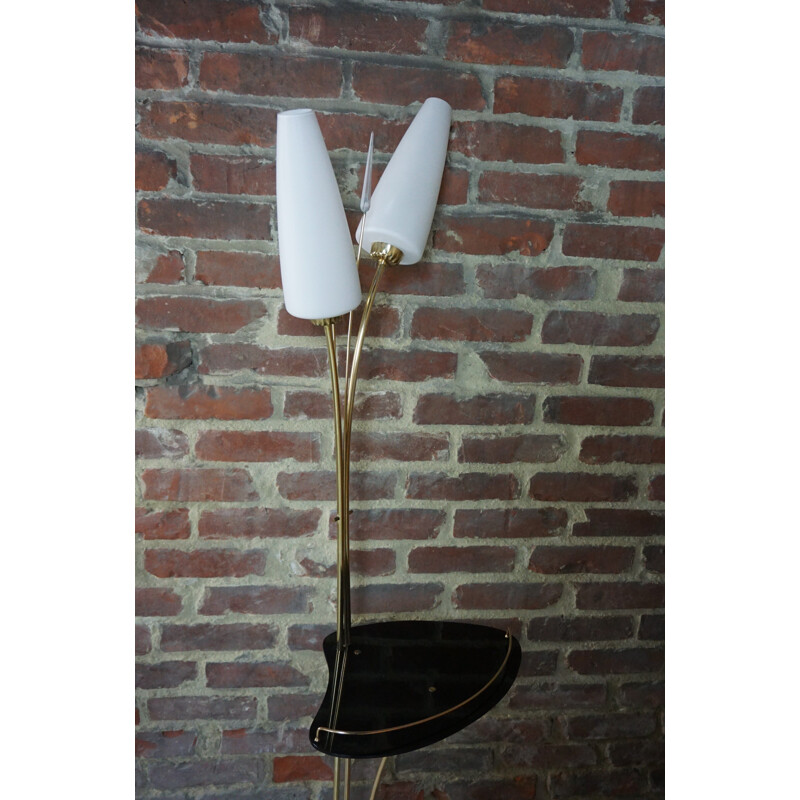 Vintage brass and white opaline floor lamp by Maison Lunel, 1950s