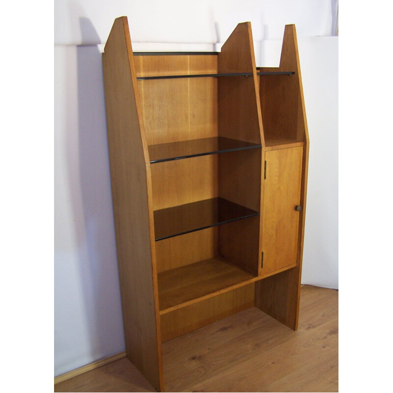 Vintage oak and stained glass bookcase 1950-1960