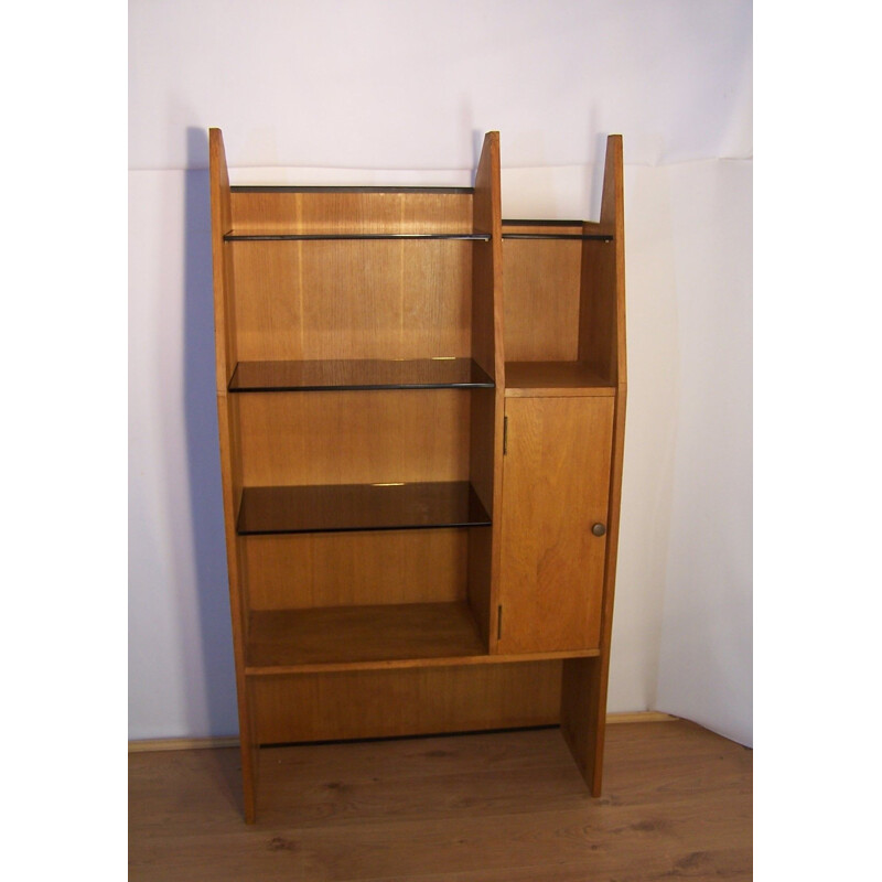 Vintage oak and stained glass bookcase 1950-1960