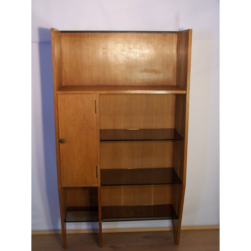 Vintage oak and stained glass bookcase 1950-1960