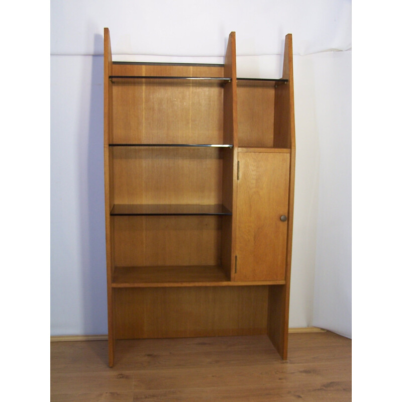 Vintage oak and stained glass bookcase 1950-1960