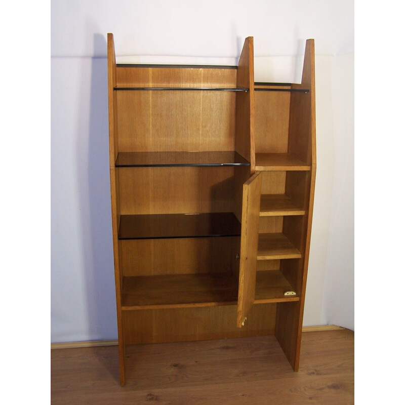 Vintage oak and stained glass bookcase 1950-1960