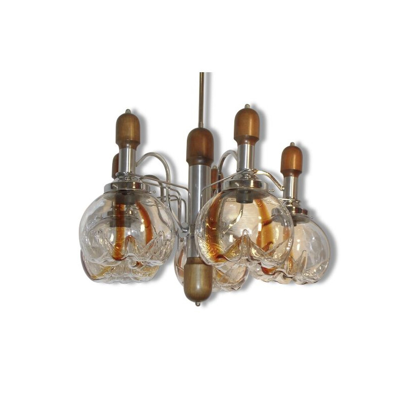 Vintage Murano glass chandelier wood and chrome for Mazzega 1960-1970